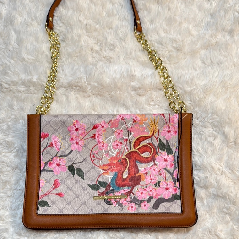 Steve Madden Pink and Brown Floral Shoulder Bag with Gold Chain